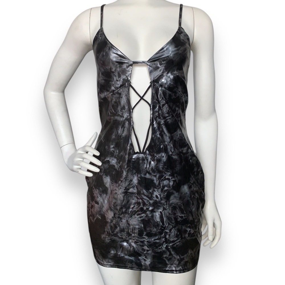 Black Abstract Print Shimmer Lace Up Bodycon Dress